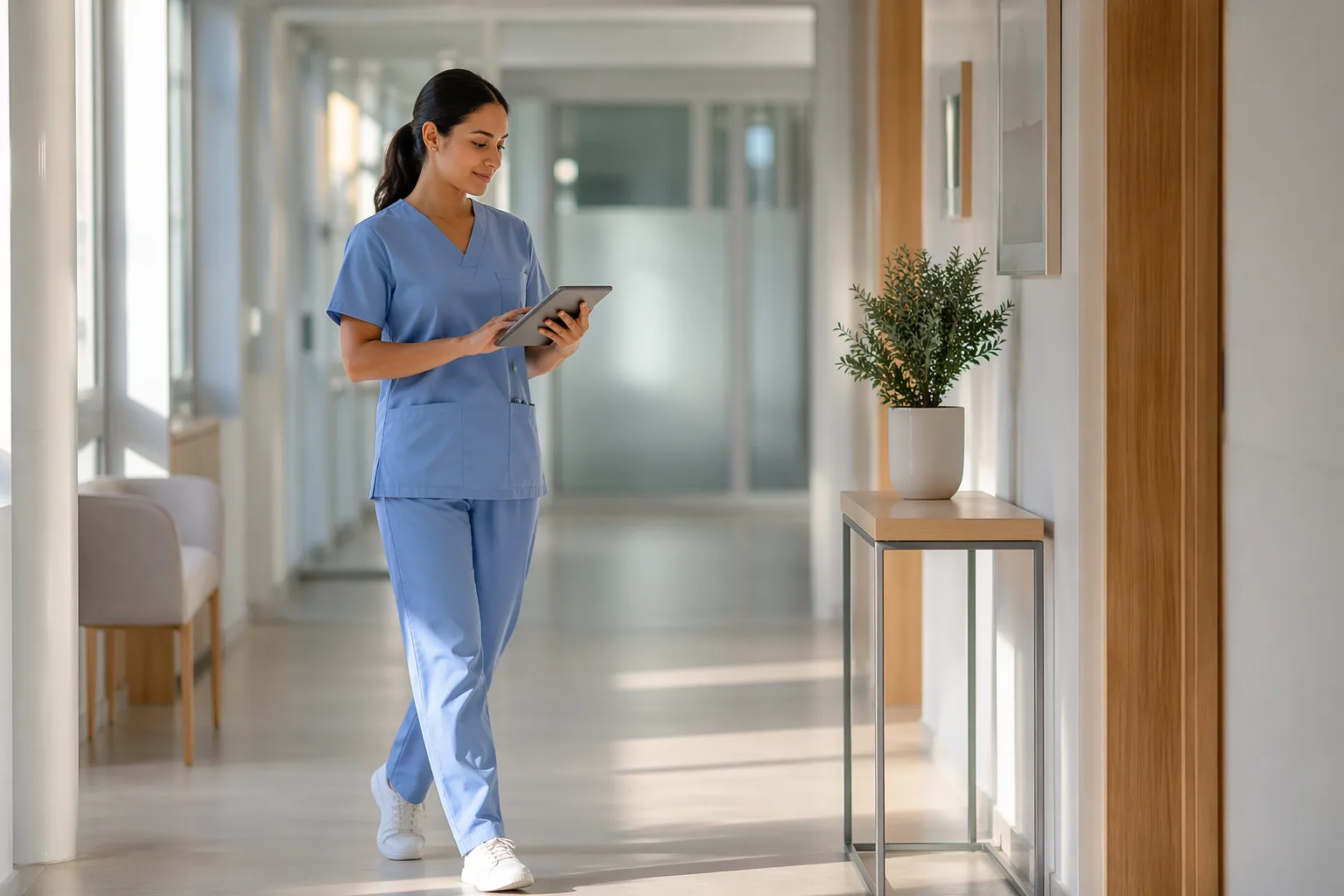 Nurse in a modern clinic reviewing patient information on a tablet