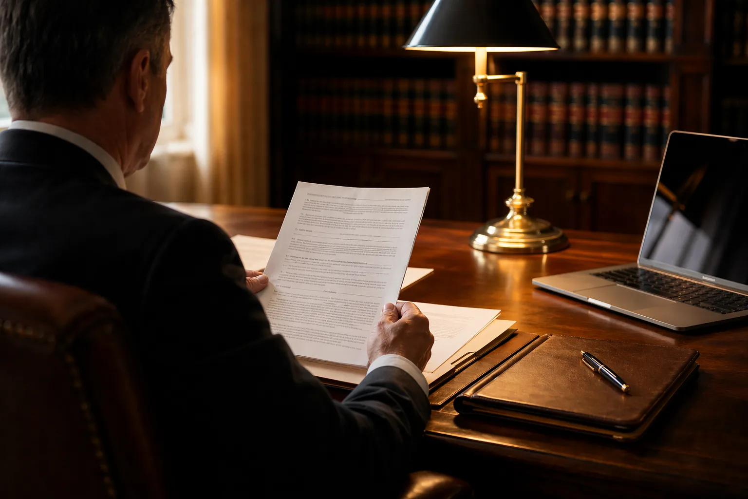 Attorney reviewing documents at a walnut desk in a warmly lit office