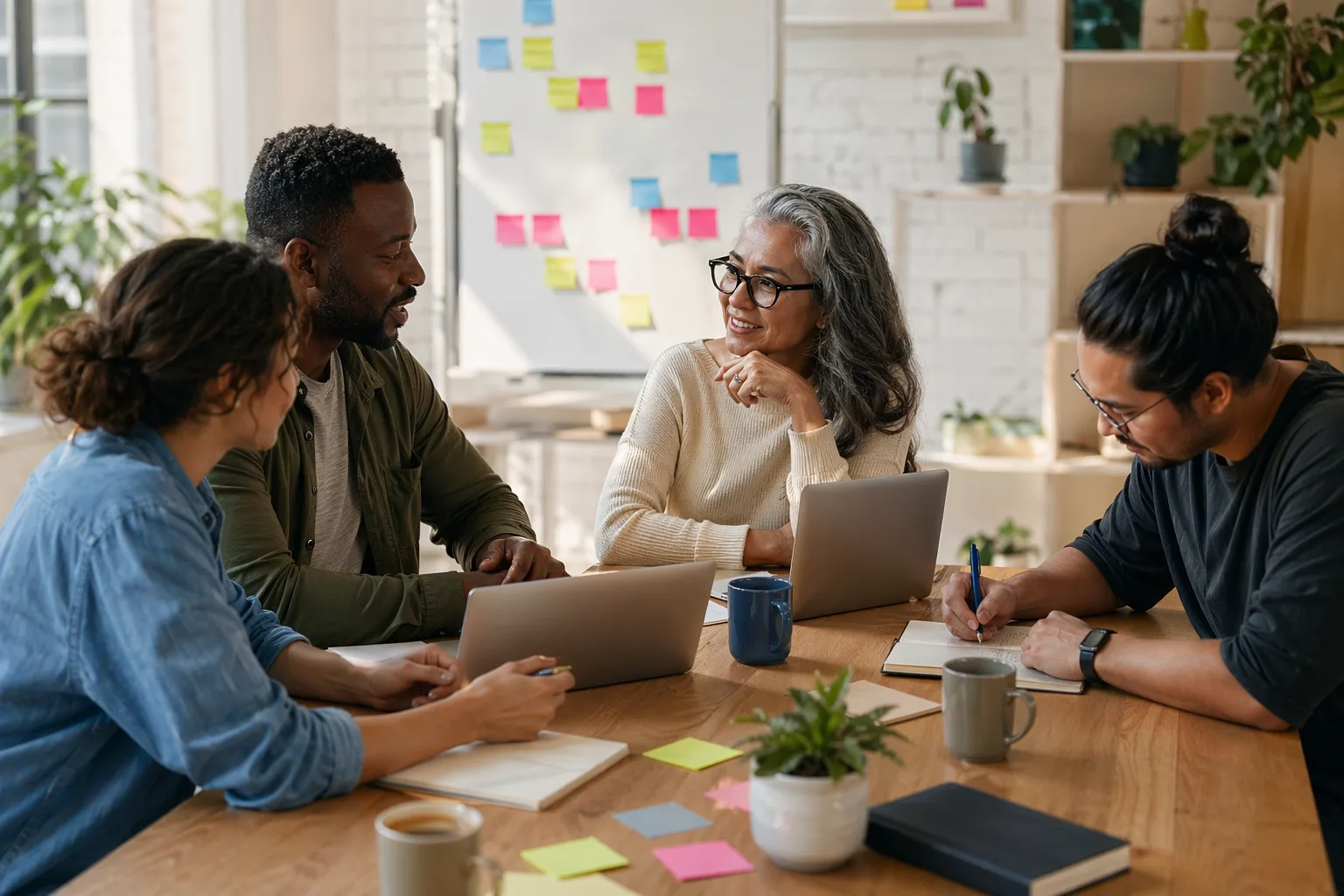 Team collaborating around a wooden table in a bright community workspace