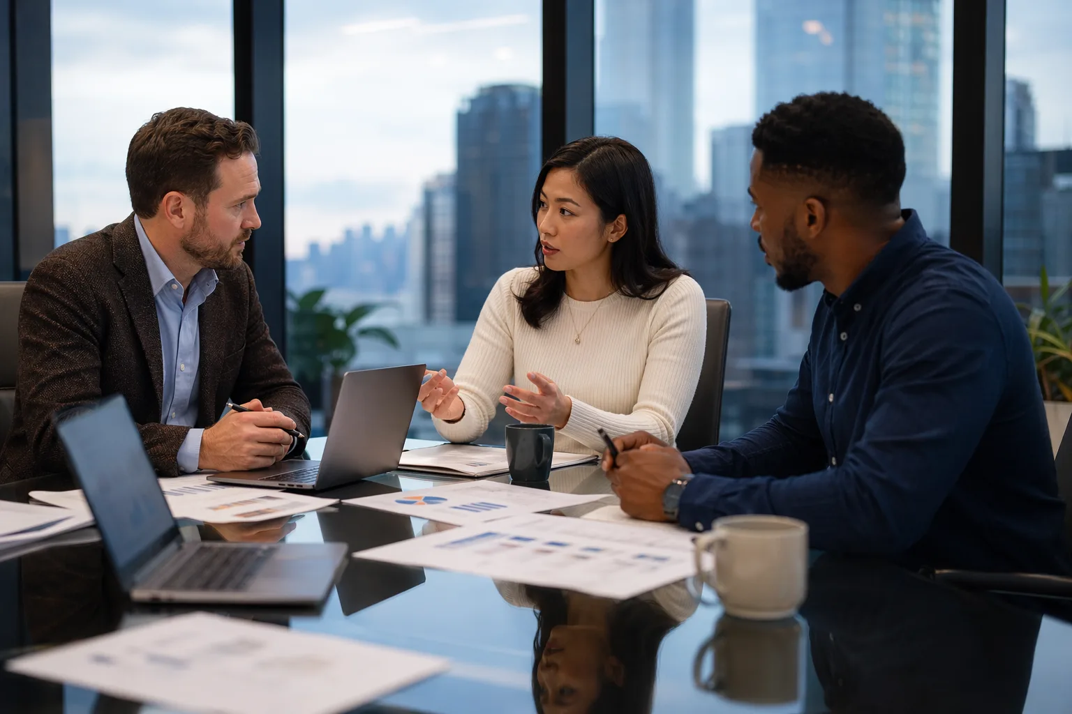 Professionals meeting around a glass conference table in a modern office
