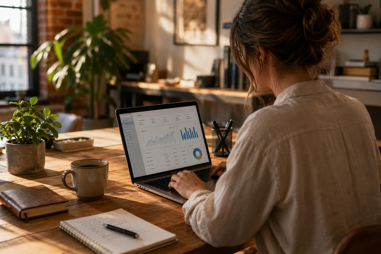 Small business owner working at a laptop in a cozy independent office